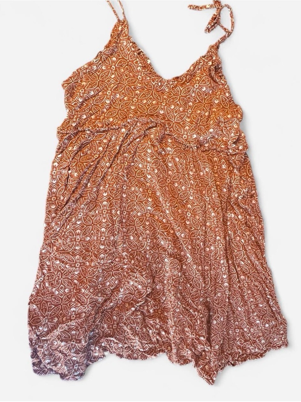 Patrons of Peace Rust Boho Floral Ruffle Mini Dress Tie Straps- Size Small - Picture 3 of 6